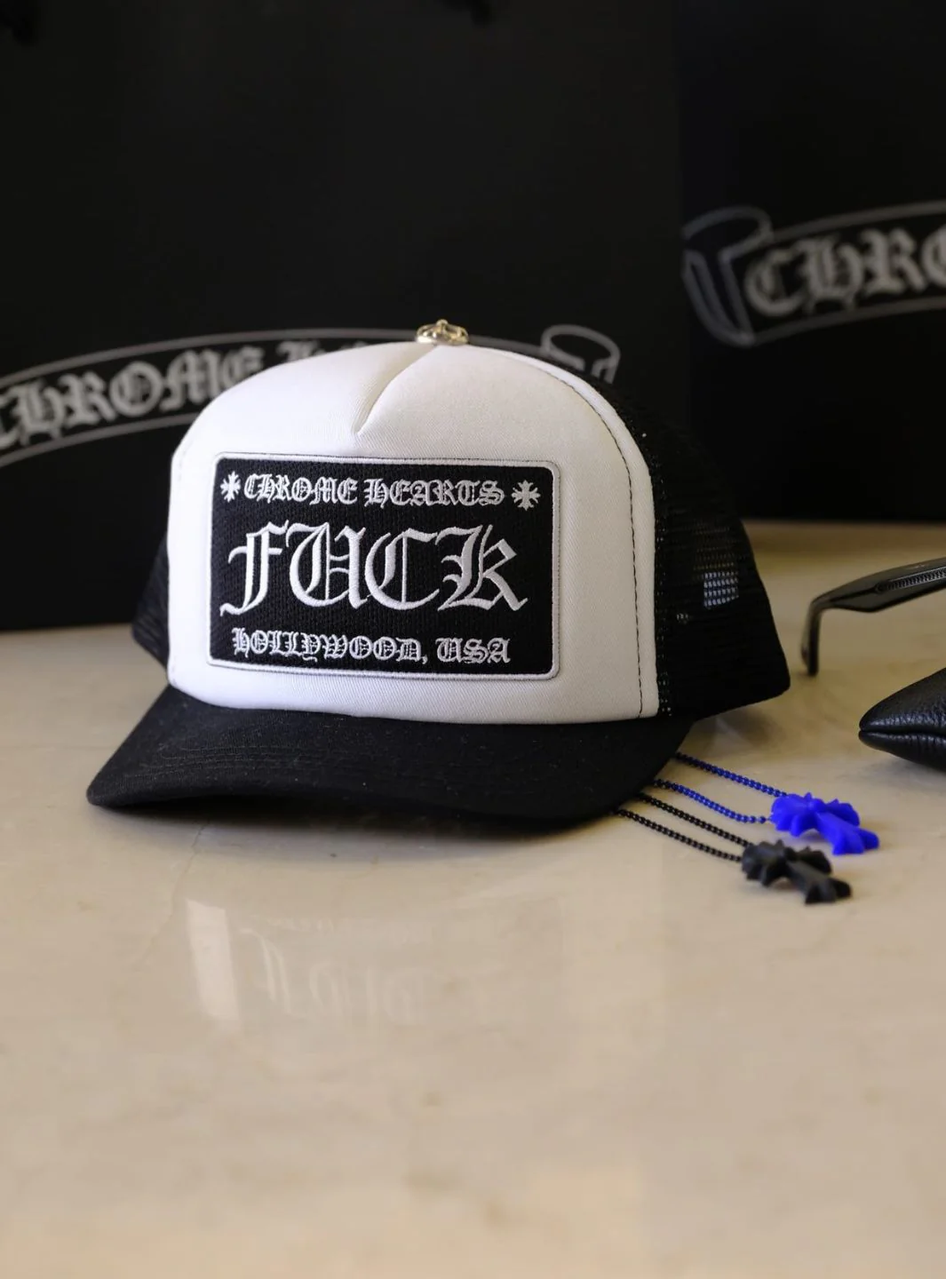 Chrome Hearts FUCK Hollywood Trucker Hat Black/White - Image 5