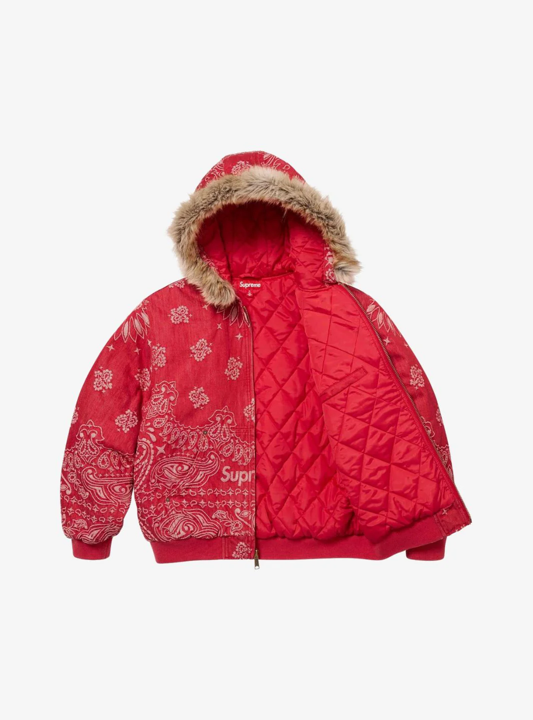 Supreme Bandana Jacquard Denim Hooded Work Jacket Red - Image 2