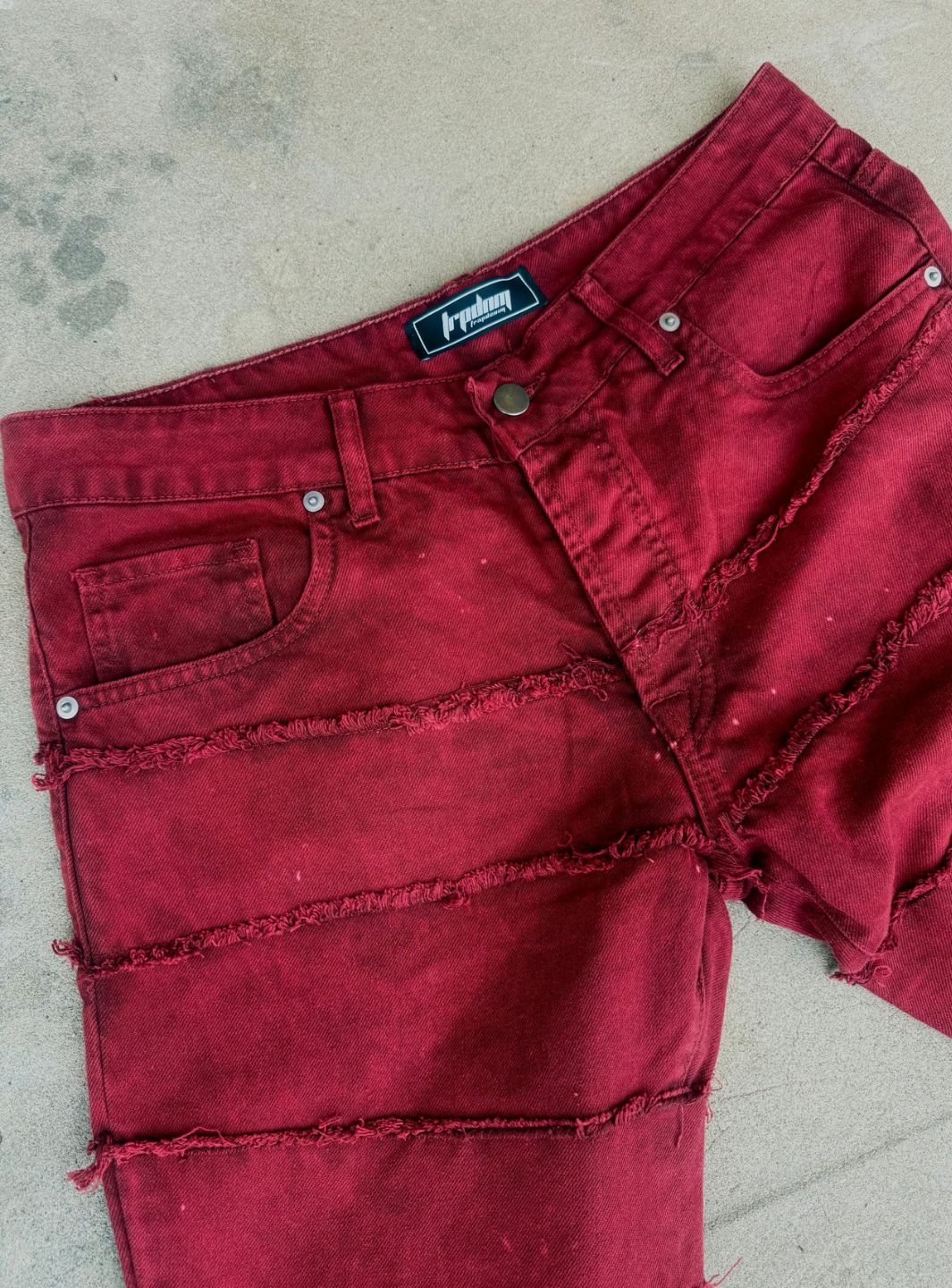 Trap Denim Painted Ripped Flare Jeans Red - Image 2