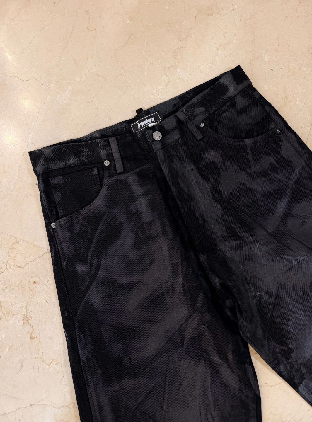 Trap Denim Print Waxed Baggy Jeans Black - Image 6